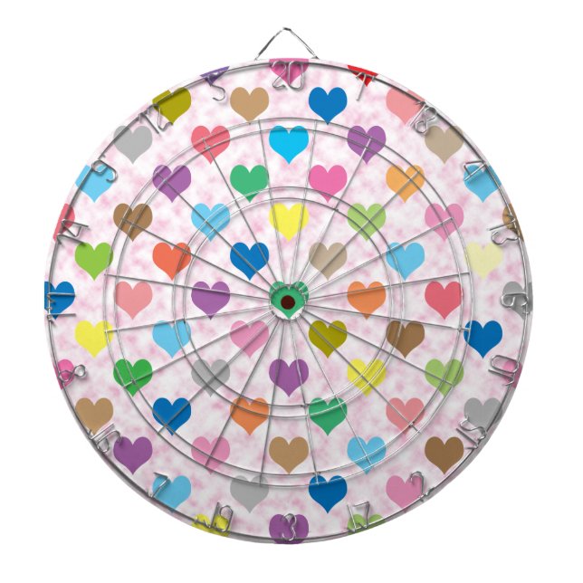 Colorful hearts pattern dartboard with darts (Front)