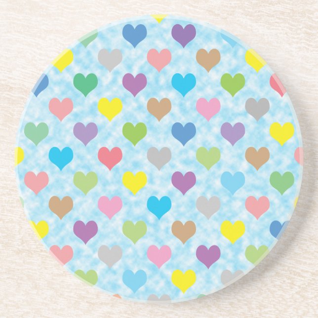 Colorful hearts pattern on blue background drink coaster (Front)