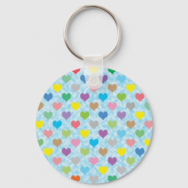 Colorful hearts pattern on blue background keychain (Front)