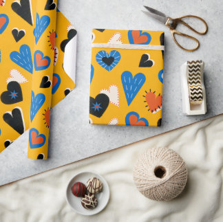 Colorful Hearts Pattern on Yellow Background Wrapping Paper