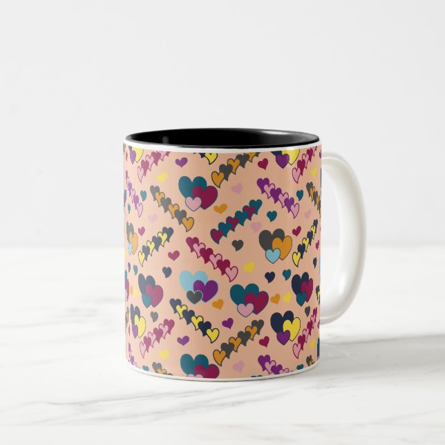Colorful Hearts Pattern Two-Tone Coffee Mug (Front Right)