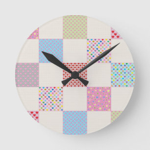Colorful hearts quilt pattern round clock