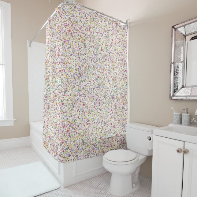 Colorful Hearts Splatter Paint, Abstract Shower Curtain (In Situ)