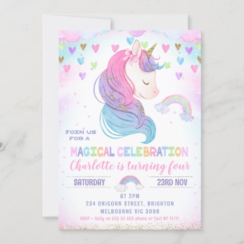 Colorful Hearts Stars Rainbow Unicorn Birthday Invitation