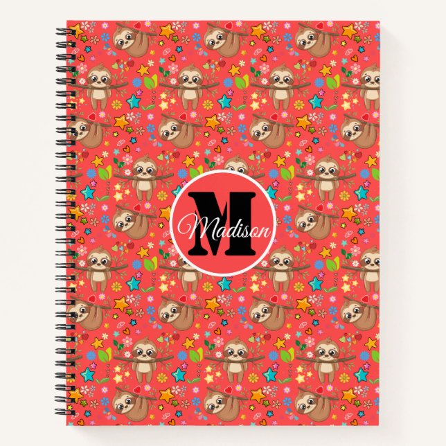 Colorful Hearts Stars Sloth Pattern Personalized Notebook (Front)