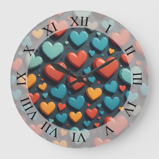 Colorful hearts, Valentine art Large Clock (Front)
