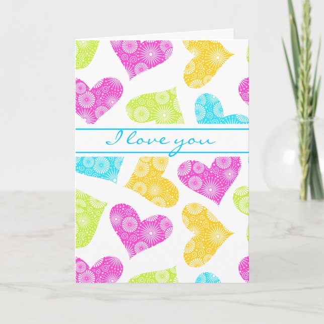 Colorful Hearts with flowers Greeting Card (Front)