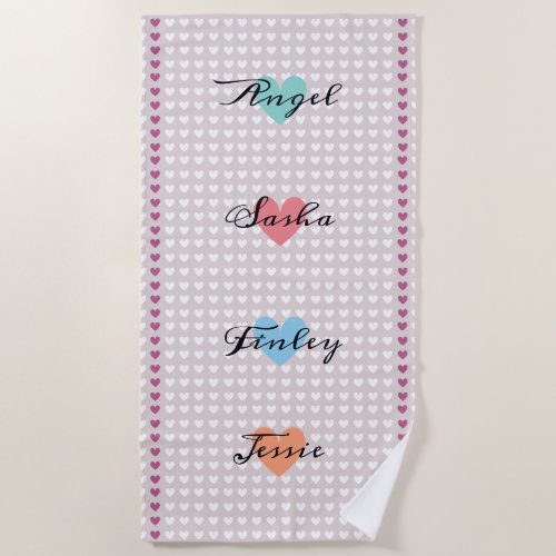 Colorful hearts with four names elegant Family Bea Beach Towel