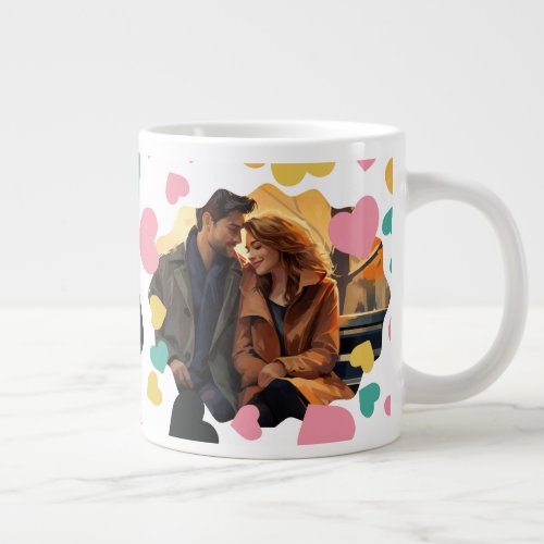 Colorful Hearts with Personalized 2 Photo Collage  Giant Coffee Mug