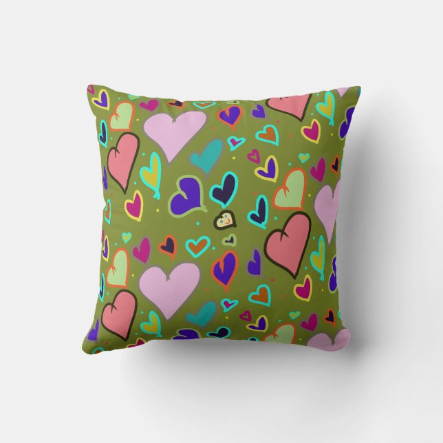 Colorful Hearts with Smiley Face Throw Pillow (Back)