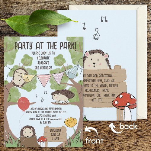 Colorful Hedgehog drawing park party kids birthday Invitation