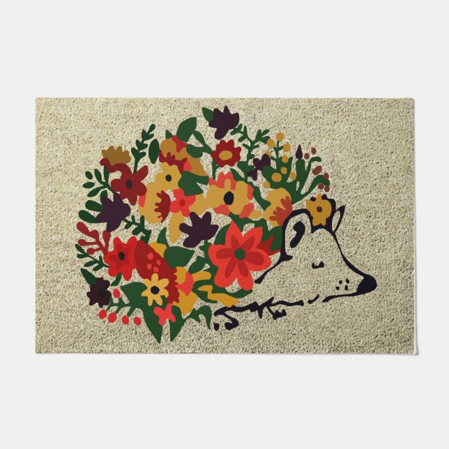 Colorful Hedgehog With Flower Doormat, Cute  Doormat (Front)