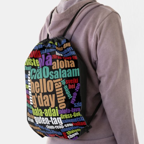 Colorful Hello in Many Languages Drawstring Bag
