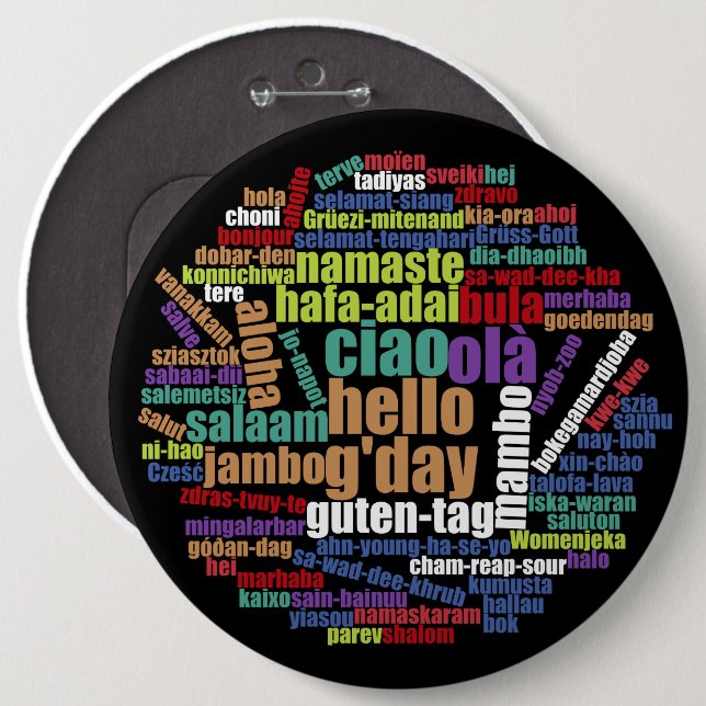 Colorful Hello in Many Languages Word Cloud Button (Front & Back)