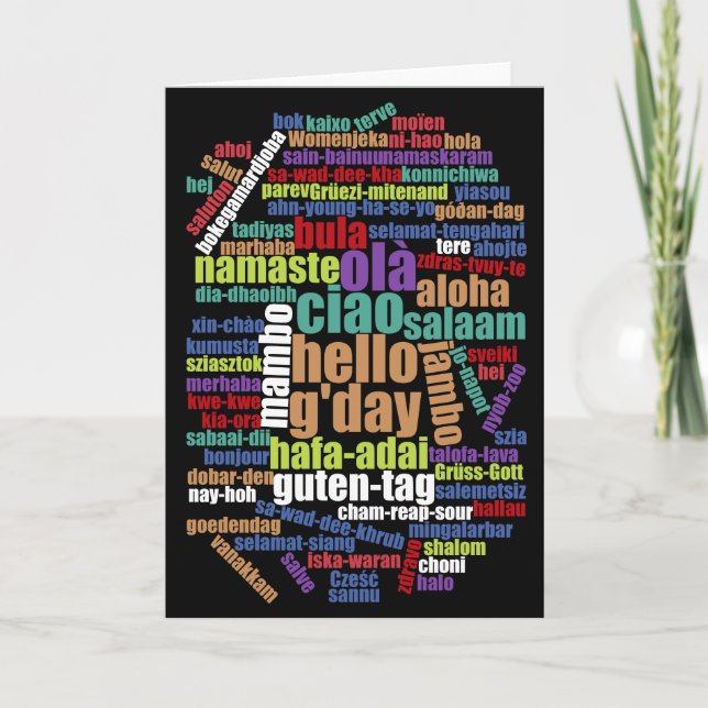 Colorful Hello in Many Languages Word Cloud Card (Front)