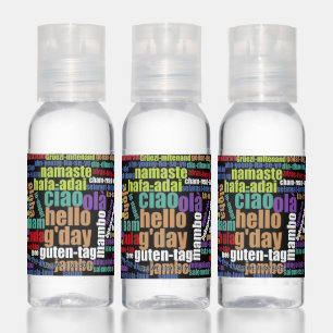 Colorful Hello in Many Languages Word Cloud Hand Sanitizer