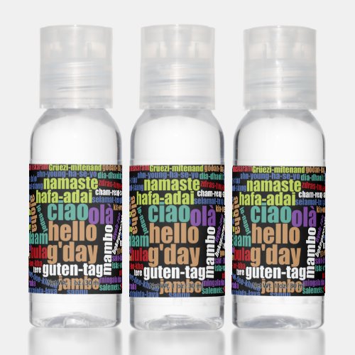 Colorful Hello in Many Languages Word Cloud Hand Sanitizer