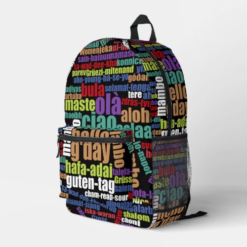Colorful Hello in Many Languages Word Cloud Printed Backpack