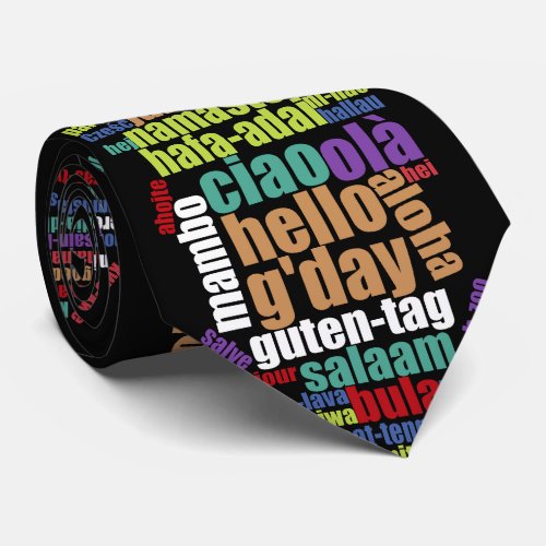 Colorful Hello in Many Languages Word Cloud Tie