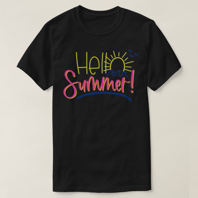 Colorful Hello Summer Sunny Beach Waves  T-Shirt (Design Front)