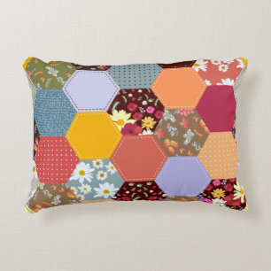 Colorful Hexagon Flowers Quilting Design Accent Pillow