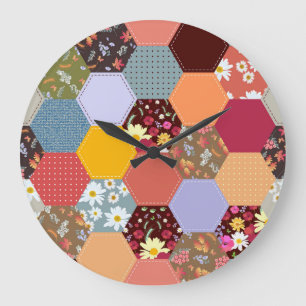 Colorful Hexagon Flowers Quilting Design Large Clock