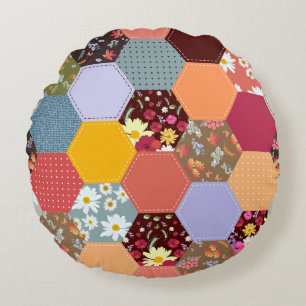 Colorful Hexagon Flowers Quilting Design Round Pillow