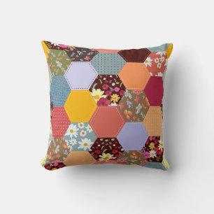 Colorful Hexagon Flowers Quilting Design Throw Pillow