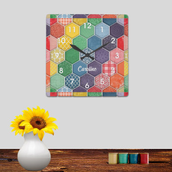 Colorful Hexagon Quilt Patch Wall Clock by ClockORama at Zazzle