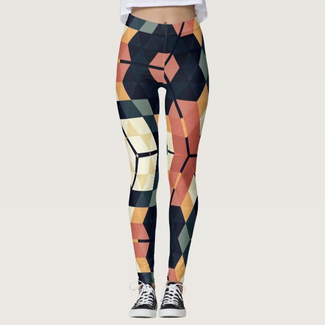 Colorful Hexagon Square Geometric Pattern Leggings (Front)