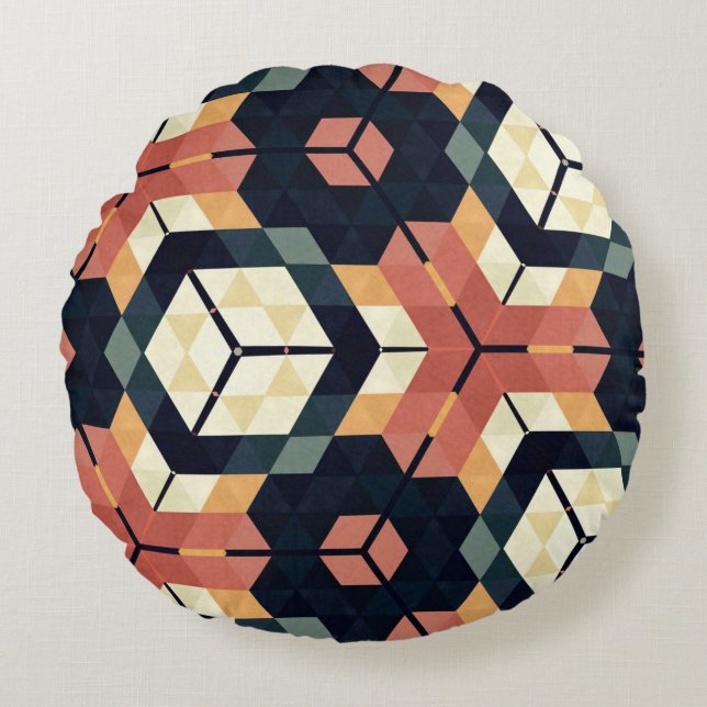 Colorful Hexagon Square Geometric Pattern Round Pillow (Front)