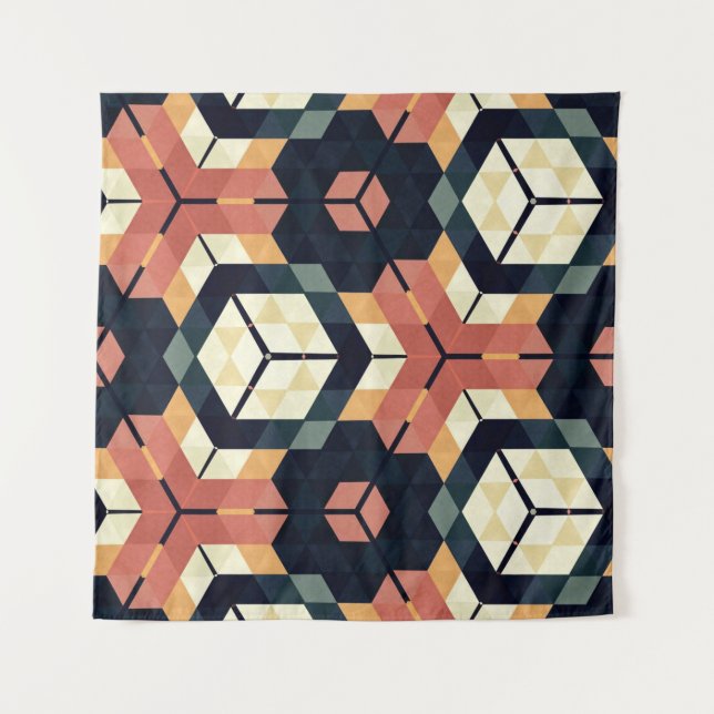 Colorful Hexagon Square Geometric Pattern Tapestry (Front)