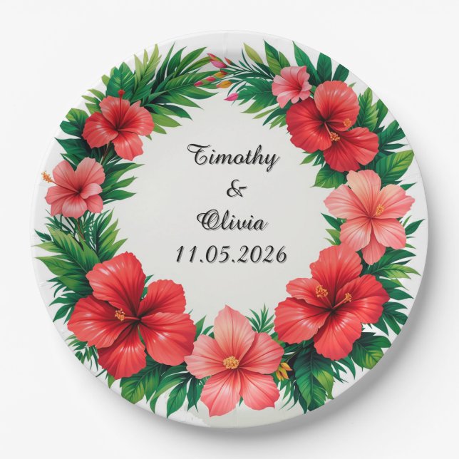 Colorful Hibiscus Floral Frame Paper Plates (Front)