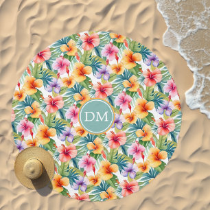 Colorful Hibiscus Flower Pattern Monogram Beach Towel