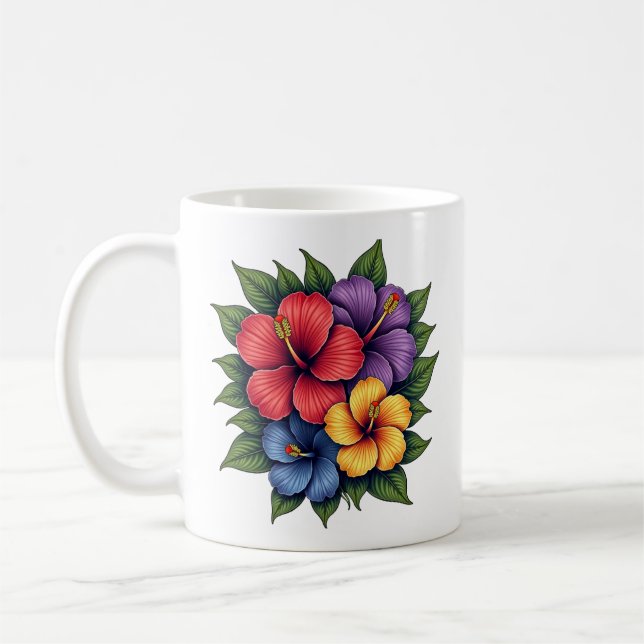 Colorful Hibiscus Flowers Ceramic Coffee Mug (Left)