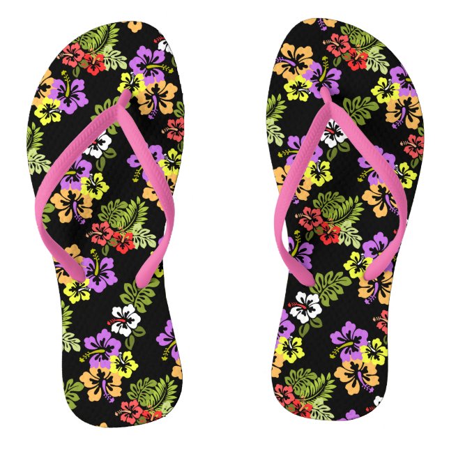 Colorful Hibiscus Flowers in Black Flip Flops (Footbed)