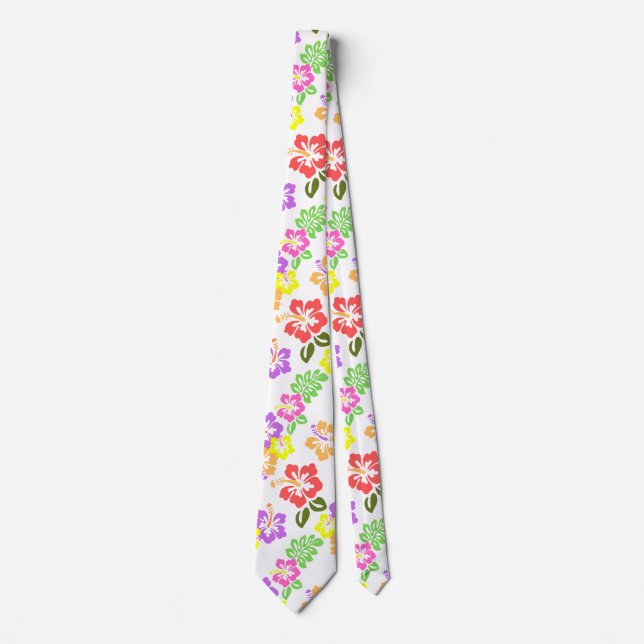 Colorful Hibiscus Flowers in White Neck Tie (Front)