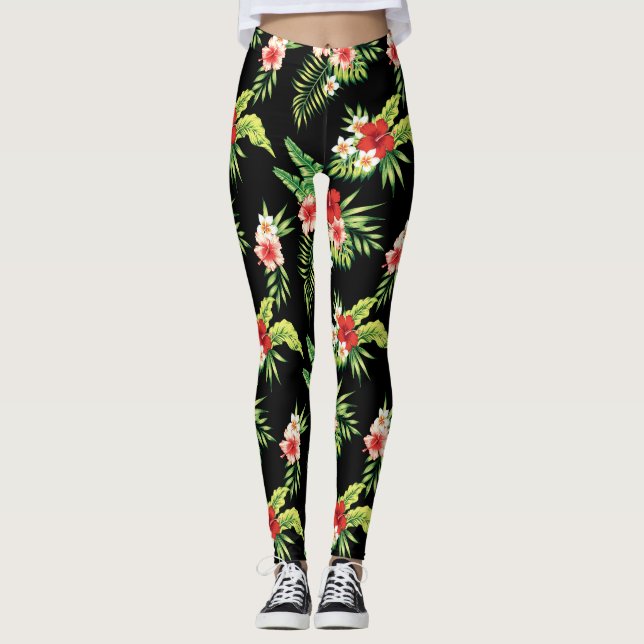 Colorful Hibiscus Flowers Seamless Pattern Leggings (Front)