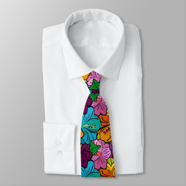 Colorful Hibiscus Flowers Tie (Tied)