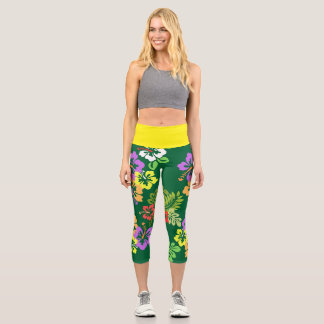 Colorful Hibiscus in Green Capri Leggings