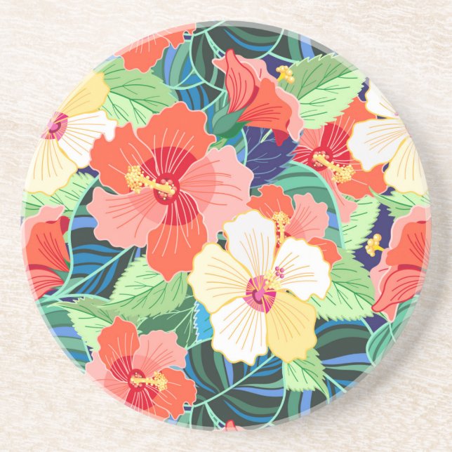 Colorful Hibiscus Pattern Drink Coaster (Front)