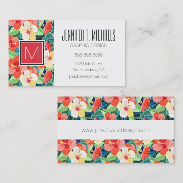 Colorful Hibiscus Pattern | Monogram Business Card (Front/Back)