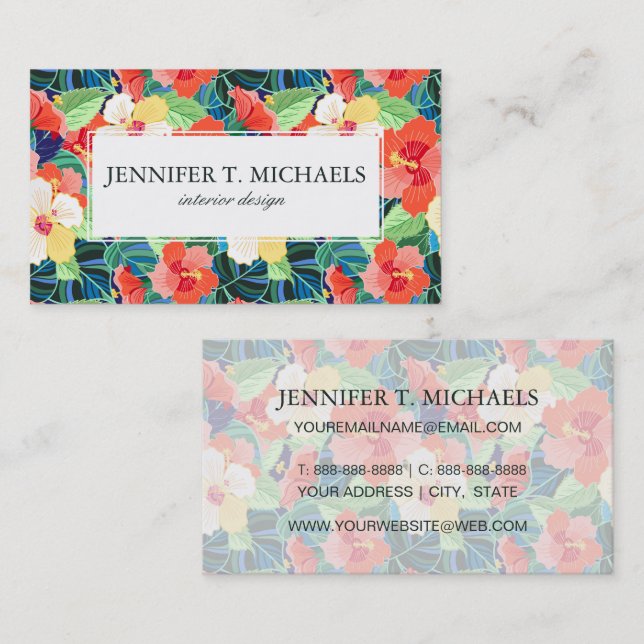 Colorful Hibiscus Pattern | Monogram Business Card (Front/Back)