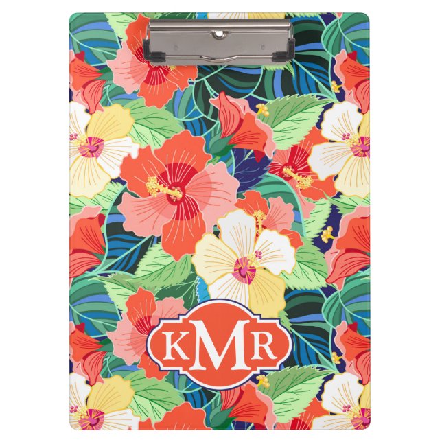 Colorful Hibiscus Pattern | Monogram Clipboard (Front)