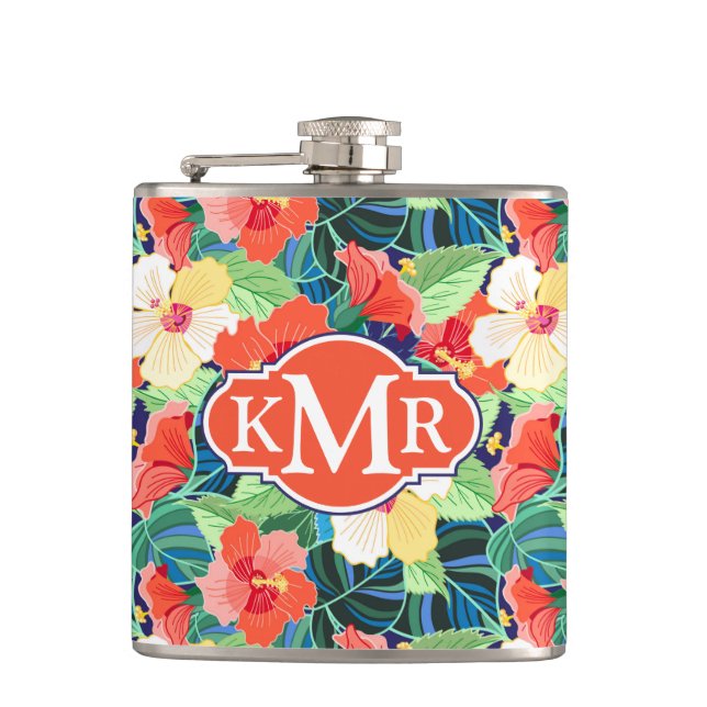 Colorful Hibiscus Pattern | Monogram Flask (Front)