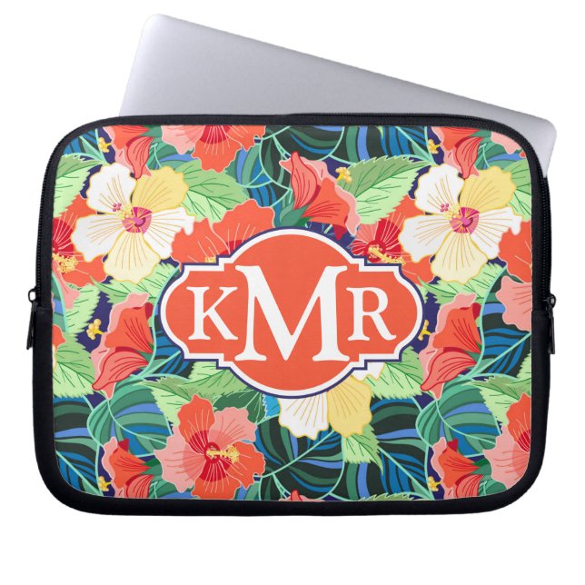 Colorful Hibiscus Pattern | Monogram Laptop Sleeve (Front)