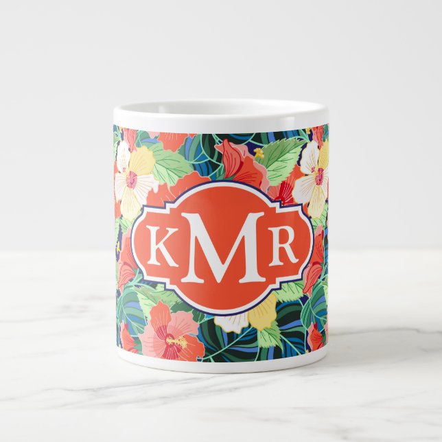 Colorful Hibiscus Pattern | Monogram Large Coffee Mug (Front)