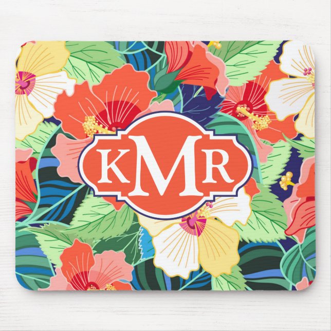 Colorful Hibiscus Pattern | Monogram Mouse Pad (Front)