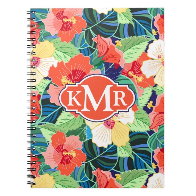 Colorful Hibiscus Pattern | Monogram Notebook (Front)