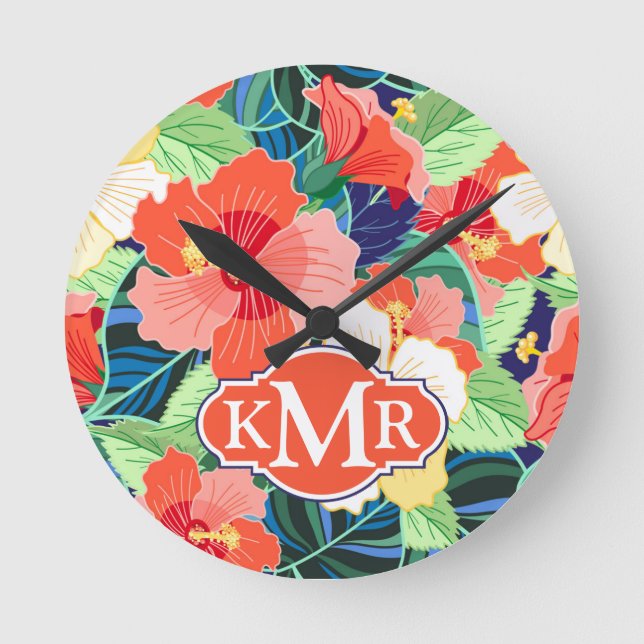 Colorful Hibiscus Pattern | Monogram Round Clock (Front)